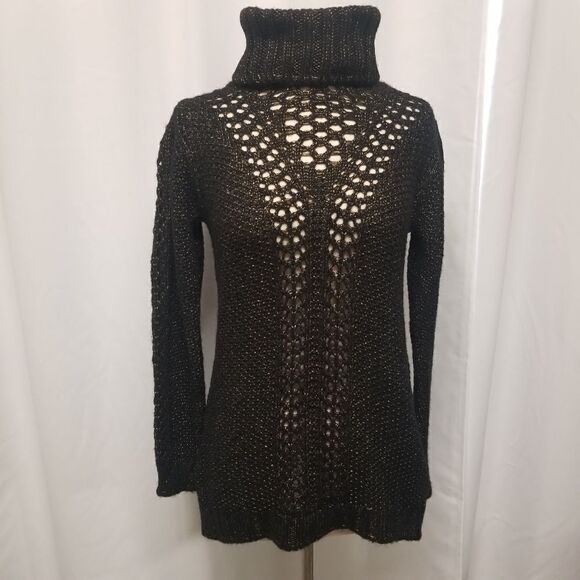 Guess Lorita Turtleneck Open Knit Wool Blend Sexy Sweater Black Yellow XS - Picture 3 of 12